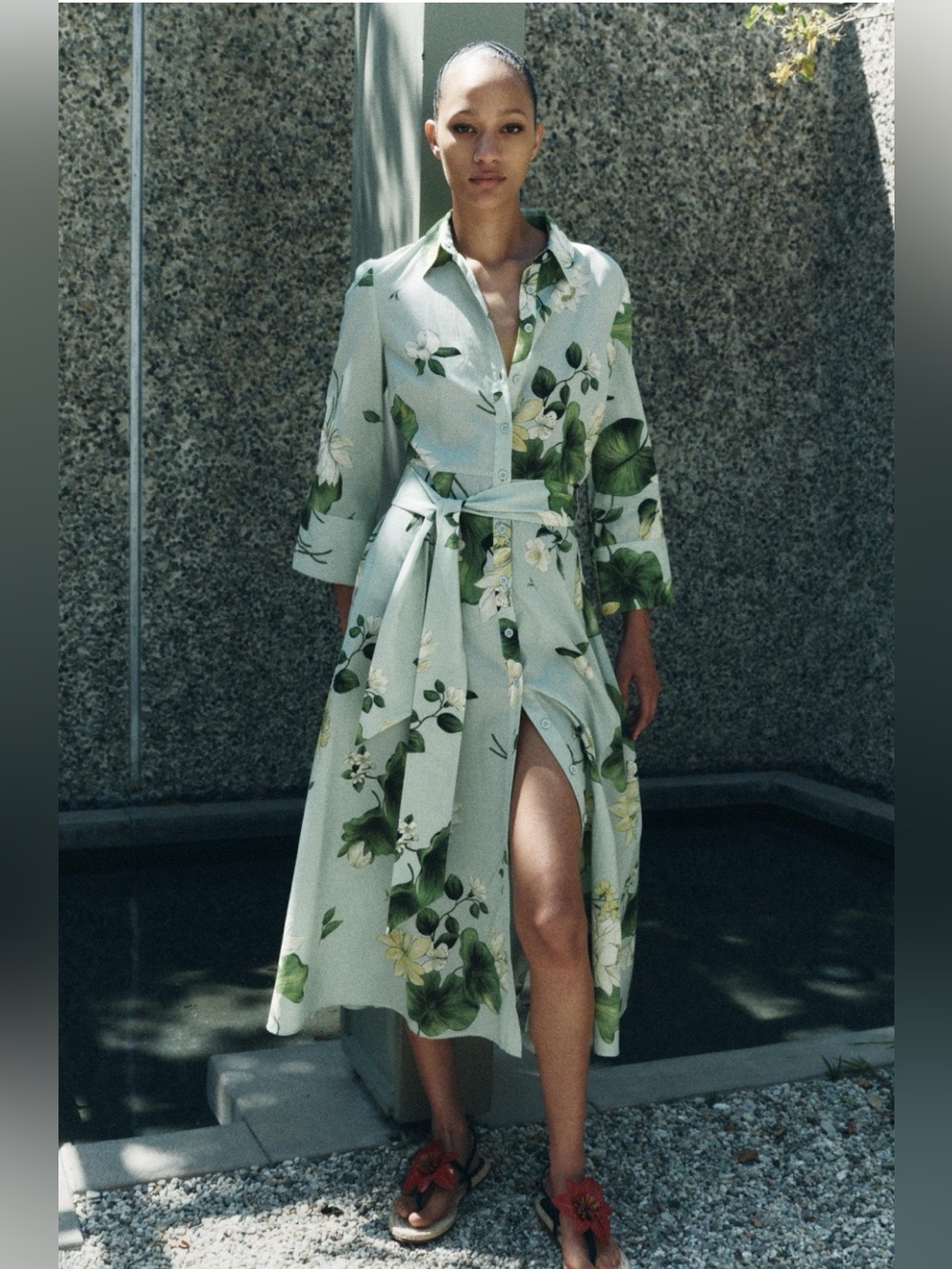 Zara Floral Belted Shirt Dress in Light Green
